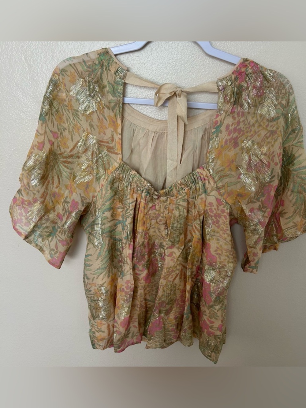 LOFT Ann Taylor Woven Floral Metallic Tie-Back Blouse Top - Picture 3 of 6